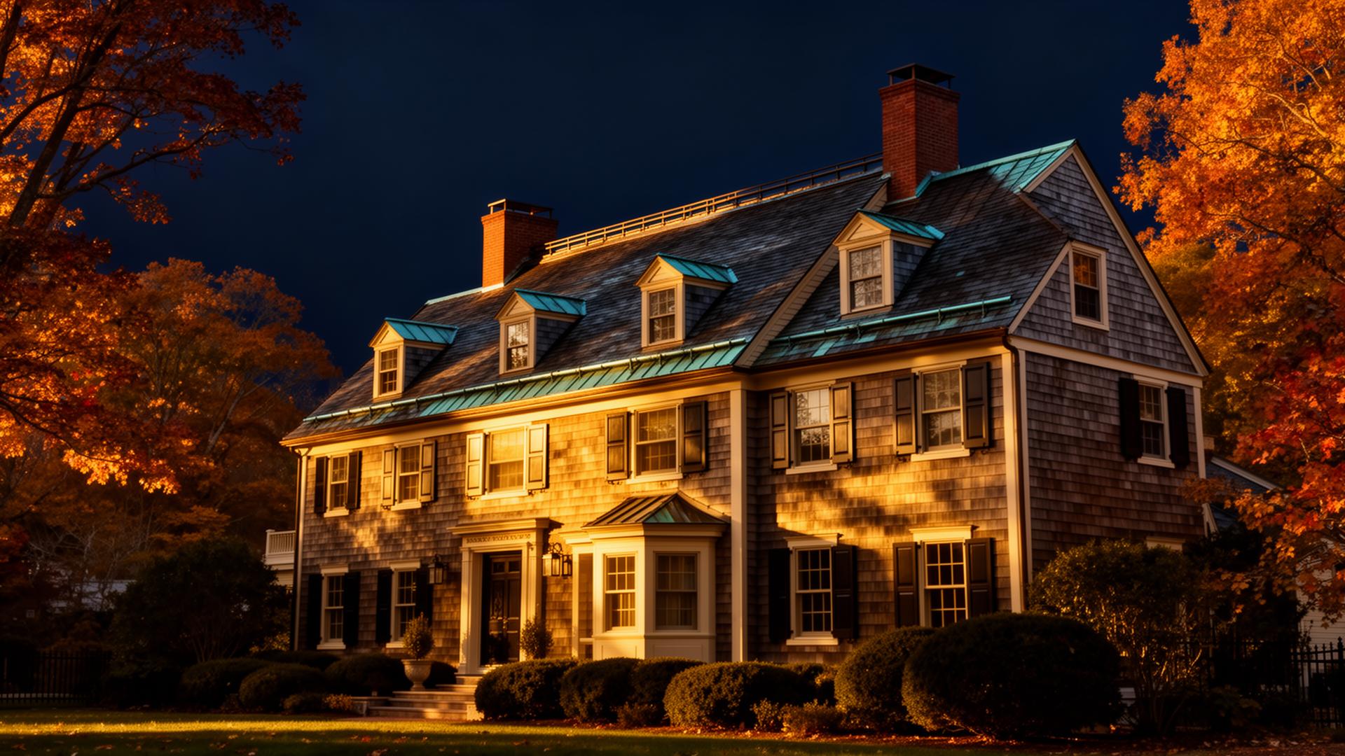 Restored colonial home in Newburyport, MA at golden hour
